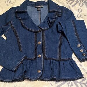 The Pyramid Collection Dark Blue Jean Jacket with Lace Trim